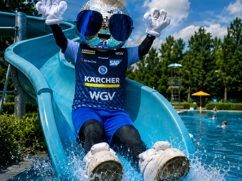 Johnny Blue, das Maskottchen des TVB Stuttgart, rutscht die Freibad Rutsche hinunter. 