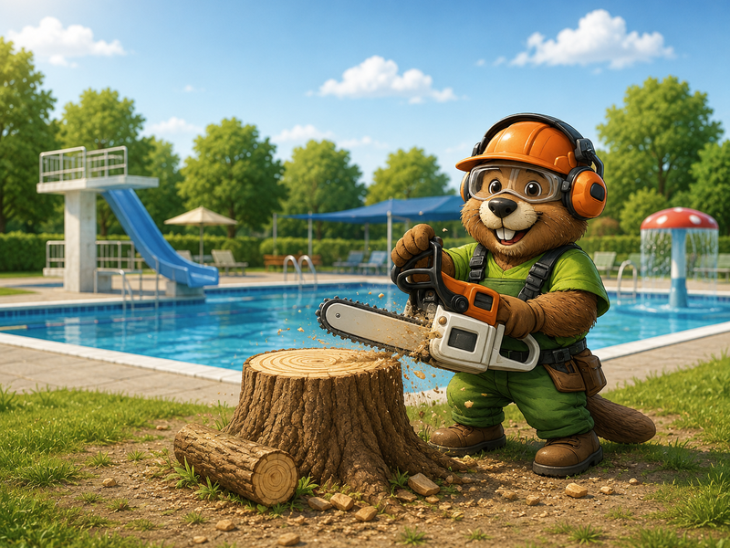 Das Bild zeigt eine Comichafte Grafik, auf der ein süßer Biber mit Kettensäge, Helm und Ohrschützer vor einem Baumstumpf steht. Im Hintergrund ist ein Freibad zu sehen.
